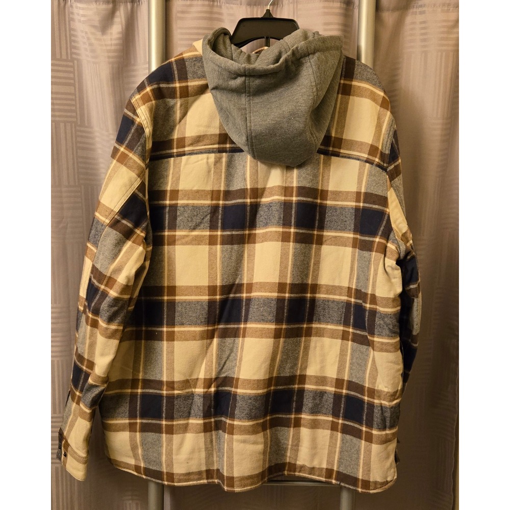 Levis Mens Hooded Flannel Sherpa Lined Plaid Shirt Jacket Tan Brown Blue Large - Picture 4 of 8
